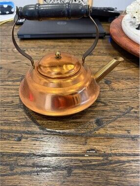 Vintage Copper Teapot with Brass Accents and Wooden Handle by Coppercraft Guild